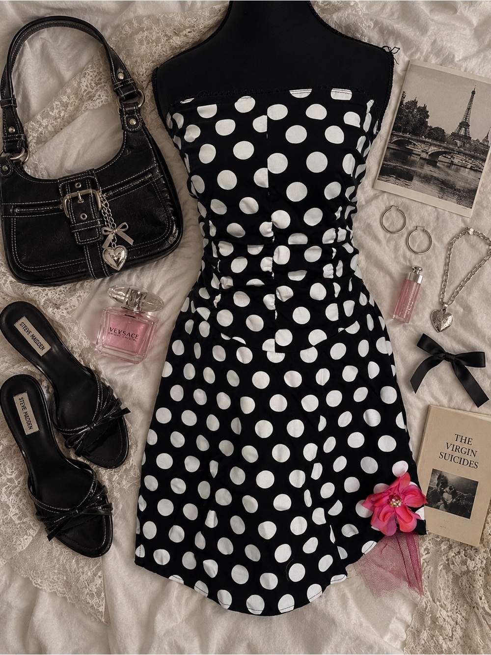 y2k polka dot mini dress ✧ strapless ✧ pink flower ✧ coquette grunge Fairy 2000s